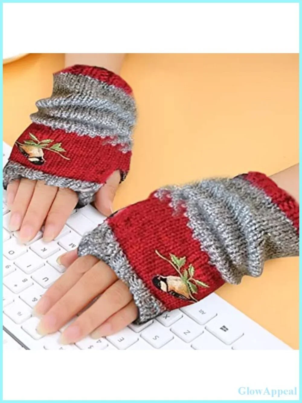 Vintage Knitted Fingerless Gloves with Bird Embroidery, Acrylic Warm Winter